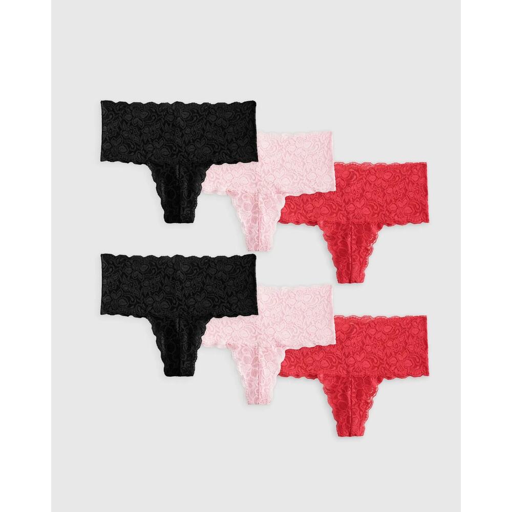 Quince Stretch Lace Thong Underwear 6-Pack Medium Black Pink Ruby NEW
